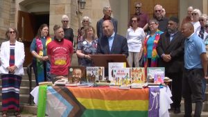 Rabbi Robert Nosanchuk speaks at an interfaith press conference condemning a man's recent burning of books on Jewish history and other topics, Beachwood, Ohio, May 12, 2025. (WKYC Cleveland/ Screenshot via YouTube)