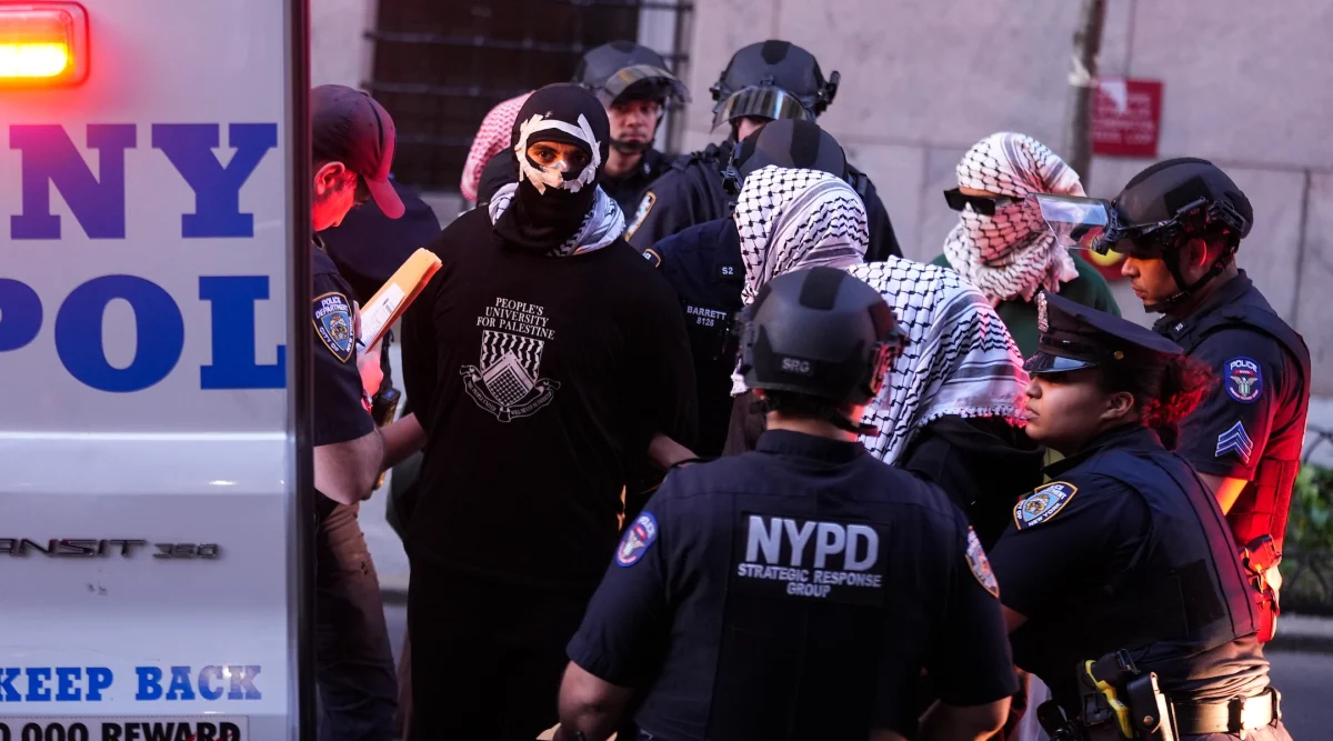 NEW YORK, US - MAY 7: New York City police arrested dozens of Pro-Palestinian protesters on Columbia University on Wednesday evening after they took over part of a central library in New York, USA on May 7, 2025. (Photo by Lokman Vural Elibol/Anadolu via Getty Images)