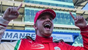 PREMA Racing driver Robert Shwartzman (83) celebrates winning pole position Sunday, May 18, 2025, during Fast Six qualifying for the 109th running of the Indianapolis 500 at Indianapolis Motor Speedway.