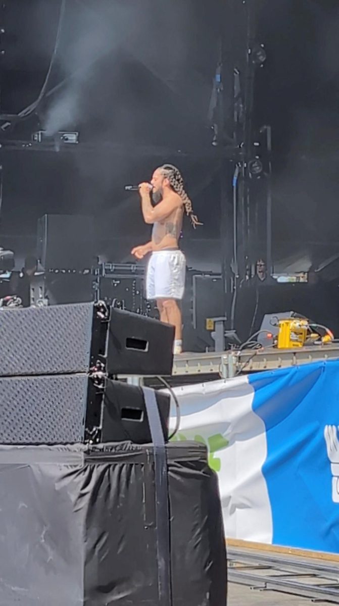 Guitarist and singer Bobby Vylan of the punk-rap duo Bob Vylan delivers a message in support of Palestinians during his performance at the Glastonbury music festival, in Pilton, Britain, June 28, 2025, in this still image from video obtained from social media. ROCKAWAY PARK/via REUTERS