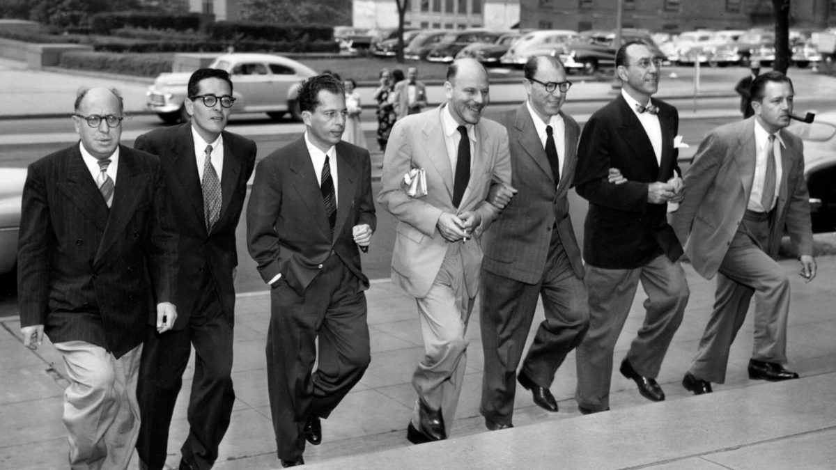 Some of the Hollywood Ten in 1950, from left: Samuel Ornitz, Ring Lardner Jr., Albert Maltz, Alvah Bessie, Lester Cole, Herbert Bieberman and Edward Dmytryk. Courtesy of PhotoFest/The New York Historical