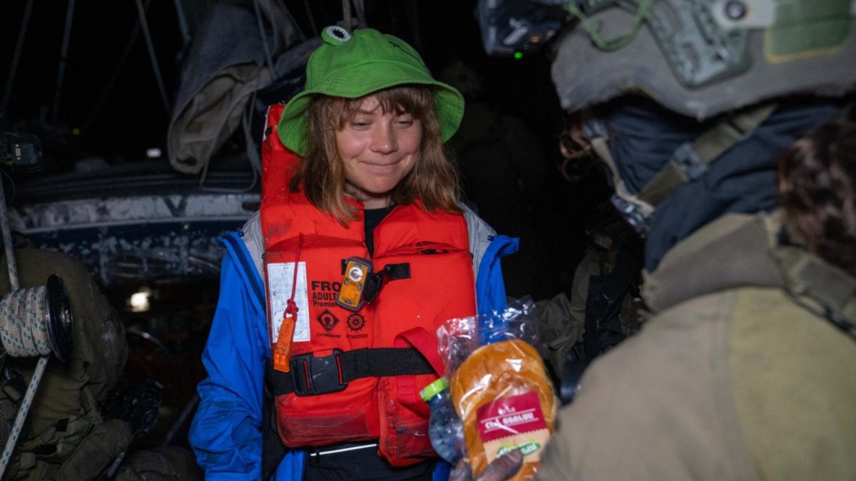 Israel's foreign ministry released an image of Greta Thunberg being offered bread after her arrest at seat off the coast of Gaza, June 9, 2025. (Israeli Foreign Ministry handout)
