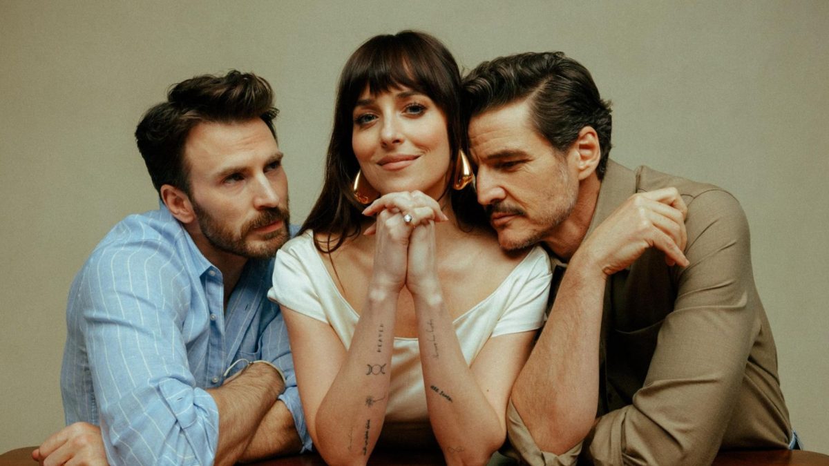 Pedro Pascal, Chris Evans, Dakota Johnson in "The Materialists"
