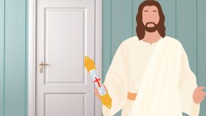 Usually, a mezuzah is a sign of a Jewish house — but imagine stepping closer to see that the mezuzah on the door is engraved with a cross. Illustration by Mira Fox/Canva
