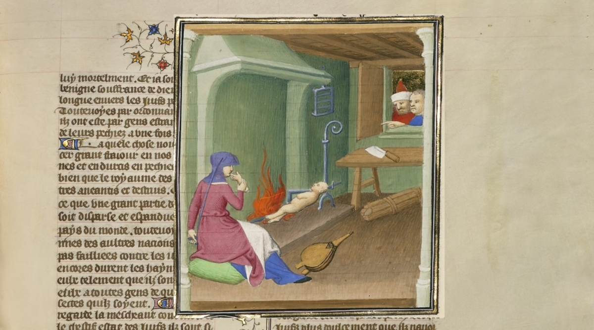 "A Jewish Woman Devouring Her Child,"  a detail from a 15th-century French illuminated manuscript, depicts a scene described in "The Jewish Wars" by Josephus. (Getty Museum)