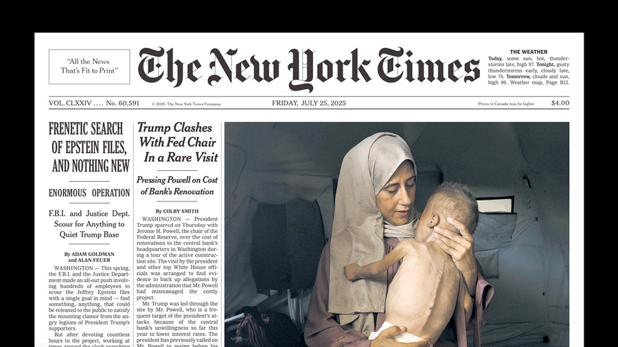 The cover image of the New York Times on Friday, July 25, showed a child the caption said had been born healthy before suffering malnutrition in Gaza. (Screenshot)