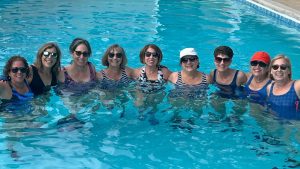 From left to right, The Water Nymphs are: Gloria Schonbrun, Sue Lapp, Lynnsie Kantor, Ellen Samuels, Gail Kramer, Judy Abrams, Lynda Berkowitz, Loren Ludmerer and Nancy Weigley.
