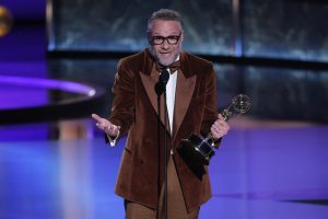 Seth Rogen accepts the award for Lead Actor In A Comedy Series for The Studio at the 77th Primetime Emmy Awards in Los Angeles, California, U.S., September 14, 2025. REUTERS/Mike Blake