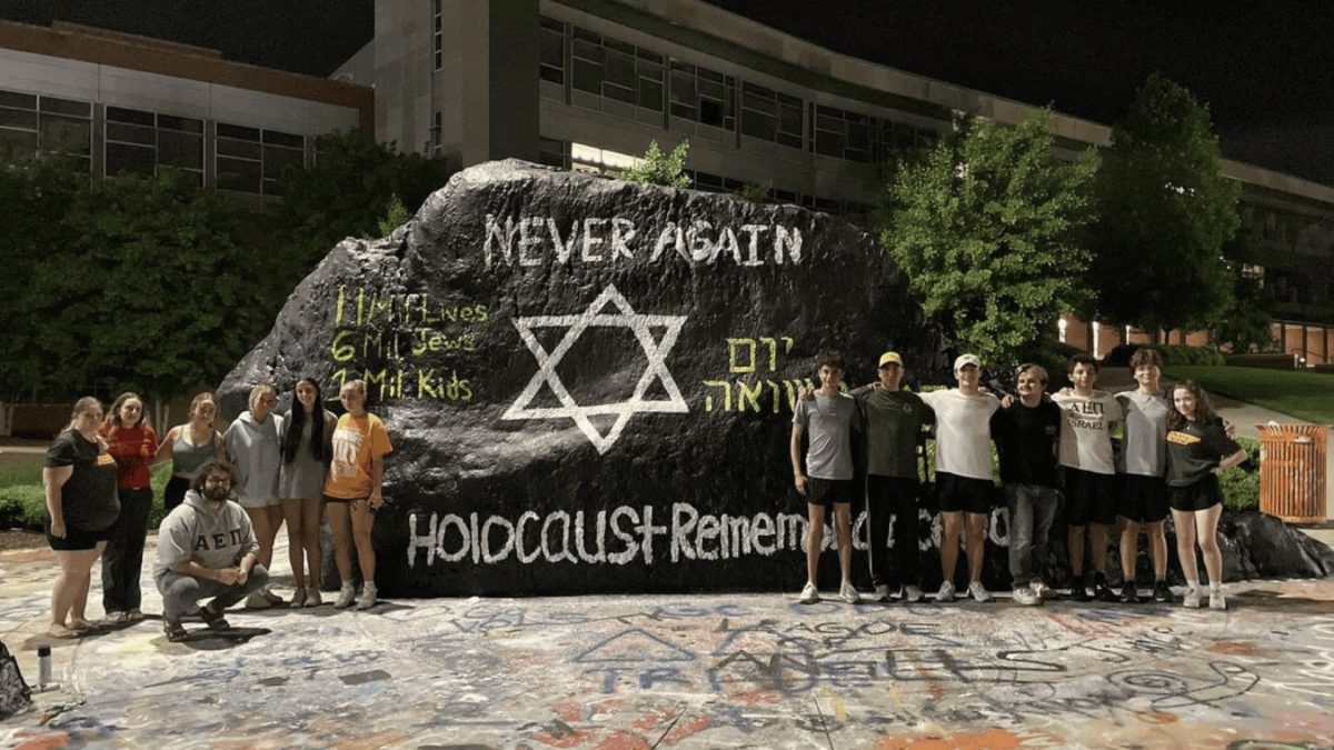 AEPi brothers at the University of Tennessee in Knoxville, Tenn., painted the campus rock on Yom Hashoah. Credit: Courtesy.