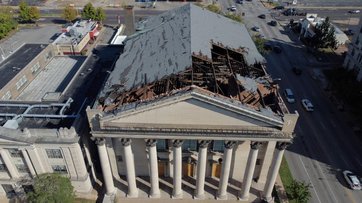Roof damage to United in Worship after the May 16. tornado. 