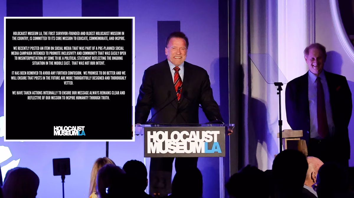 Arnold Schwarzenegger speaks during the 15th Annual Holocaust Museum LA Gala at The Beverly Hills Hotel on Nov. 6, 2023. The museum's statement about its retracted social media post of Sept. 5, 2025, is inset. (Photo by Kevin Winter/Getty Images)