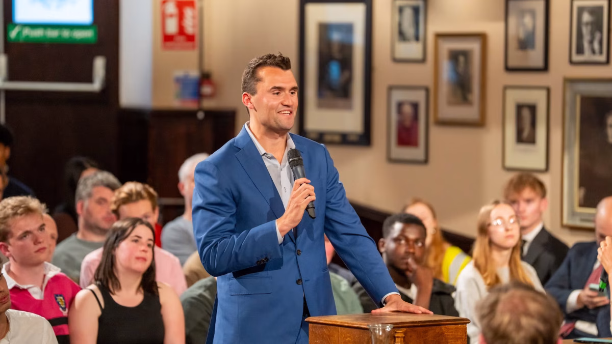 Charlie Kirk debates with students at The Cambridge Union in Cambridge, Cambridgeshire, England, May 19, 2025. (Nordin Catic/Getty Images for The Cambridge Union)