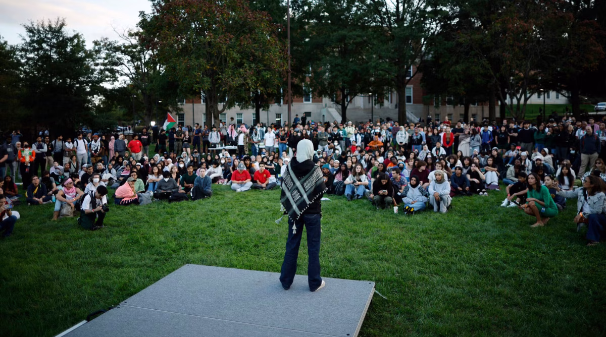 A vigil organized by the Students for Justice in Palestine at the University of Maryland campus took place under court order on Oct. 7, 2024. (Chip Somodevilla/Getty Images)