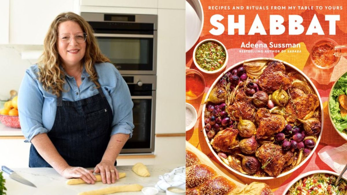 At left, chef and author Adeena Sussman. Photo: Dan Perez.  At right, the cover of her cookbook, ‘Shabbat.’