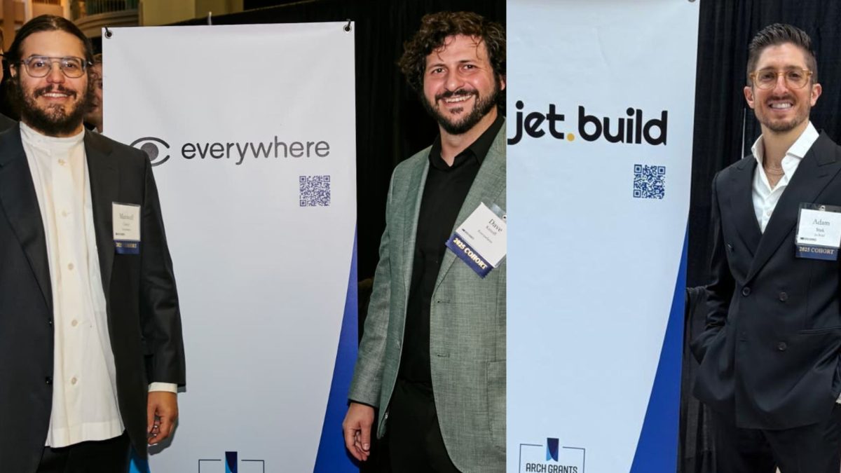 Dave Kanoff and Max Citron (right) the COO and CEO of Everywhere, and Adam Stark a co-founder of Jet.Build at an Arch Grants event.
