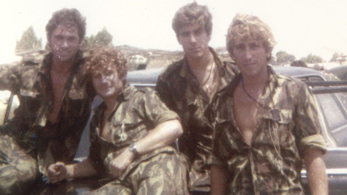 (From left) Commandos from Sayeret Matkal who led the assault on Entebbe: Alex Davidi, Gadi Ilan, Shlomi Reisman and Ilan Blumer. The photograph was taken by Reisman with his personal camera soon after returning to Tel Nof Airbase, July 4, 1976. Photo by Shlomi Reisman.