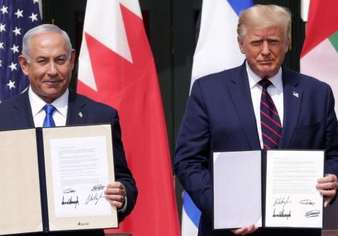 Israel Prime Minister Benjamin Netanyahu and U.S. President Donald Trump participate in the signing ceremony of the Abraham Accords on the South Lawn of the White House in Washington, D.C., Sept. 15, 2020. (Alex Wong/Getty Images)