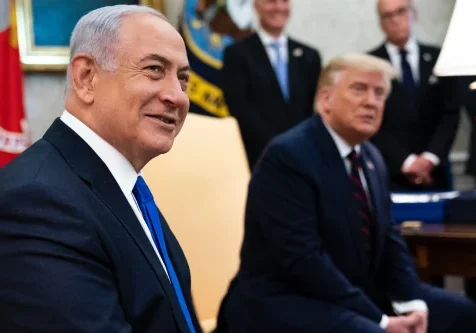 U.S. President Donald Trump and Prime Minister of Israel Benjamin Netanyahu participate in a meeting in the Oval Office of the White House, 