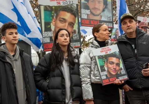 The family of Edan Alexander, an American held captive in Gaza, protests for his release in December 2024 in New York City. (Alon Kaplun)