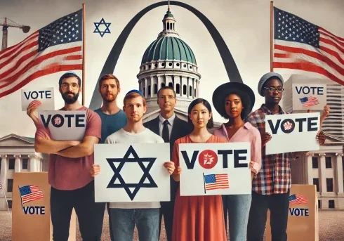 DALL·E 2024-07-22 14.48.24 - A diverse group of people standing together with 'Vote' signs, emphasizing unity and inclusion, in front of a St. Louis landmark like the Gateway Arch