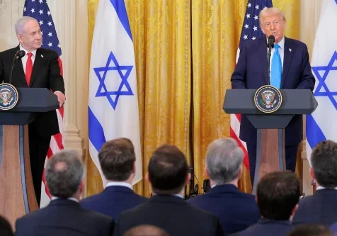 Israeli Prime Minister Benjamin Netanyahu and U.S. President Donald Trump speak during a joint press conference in the East Room of the White House on Feb. 4, 2025, in Washington, DC.  